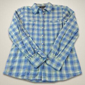 Eddie Bauer Long Sleeves Shirt Button Up Roll Tab Sleeves Plaid Blue/Yellow XL‎
